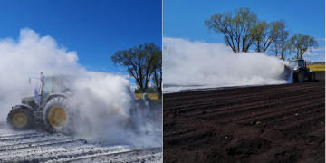 EU dairy farmers spraying milk powder in protest