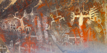 Chumash cave paintings in the Burro Flats painted cave.