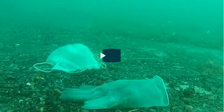 Discarded masks and plastic gloves litter the Mediterranean seabed near Antibes, France - Copyright Laurent Lombard / Opération Mer Propre