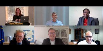 Panelists smiling before the start of EURACTIV's conference "Food security and climate change post-Covid - Improving the sustainability of EU agriculture."