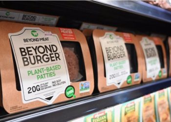Beyond Meat "Beyond Burger" patties made from plant-based substitutes for meat products sit on a shelf for sale on November 15, 2019 in New York City. ANGELA WEISS/AFP VIA GETTY IMAGES/GETT