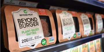 Beyond Meat "Beyond Burger" patties made from plant-based substitutes for meat products sit on a shelf for sale on November 15, 2019 in New York City. ANGELA WEISS/AFP VIA GETTY IMAGES/GETT