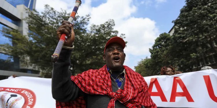 Protests in Nairobi as Maasai activists deliver a petition to the Tanzania High Commission, in Kenya, 17 June 2022. EPA-EFE/Daniel Irungu