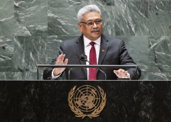 President Gotabaya Rajapaksa addresses the United Nations General Assembly on September 22, 2021, in New York City. Justin Lane/Getty Images